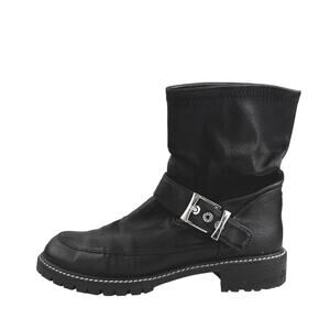 Stuart Weitzman Black Buckle Strap Platform Leather Biker Moto Boots Size 8.5